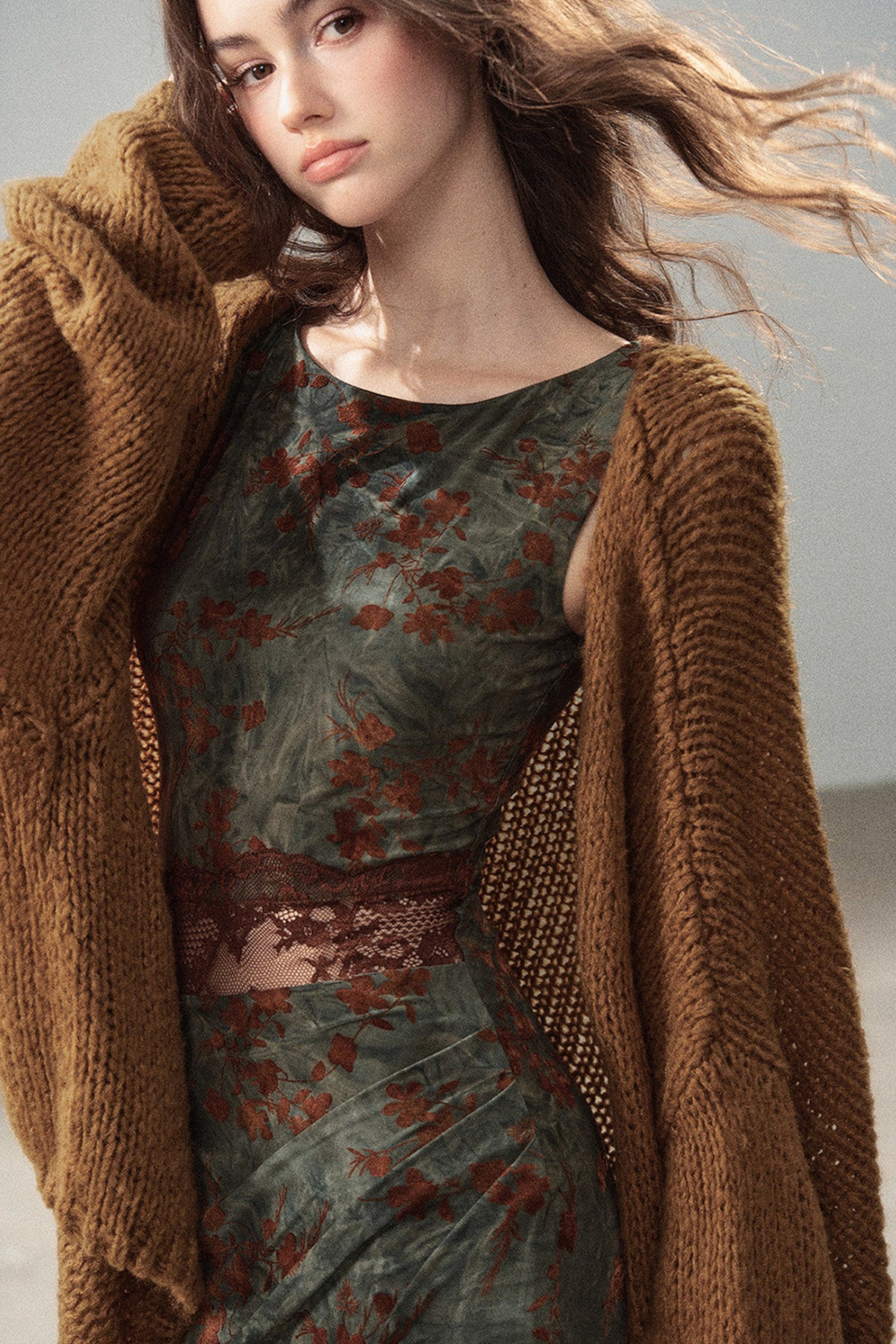 Moss Green Lace Floral Fishtail Dress