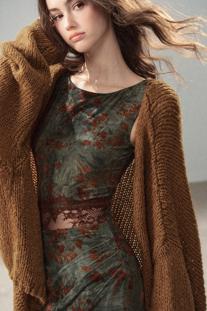 Moss Green Lace Floral Fishtail Dress
