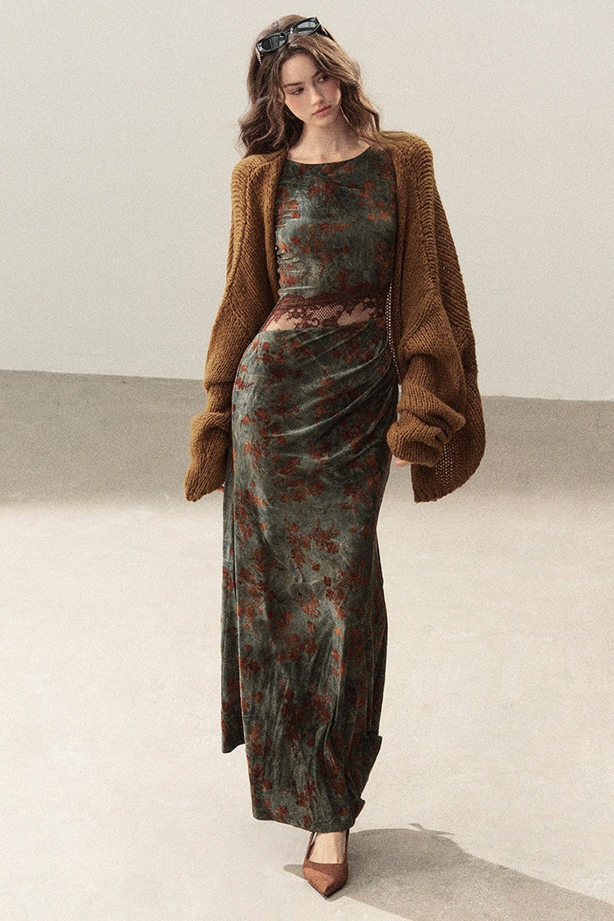 Moss Green Lace Floral Fishtail Dress