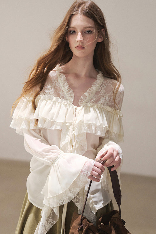 Sheer Ruffled Hollow-Out Chiffon Top
