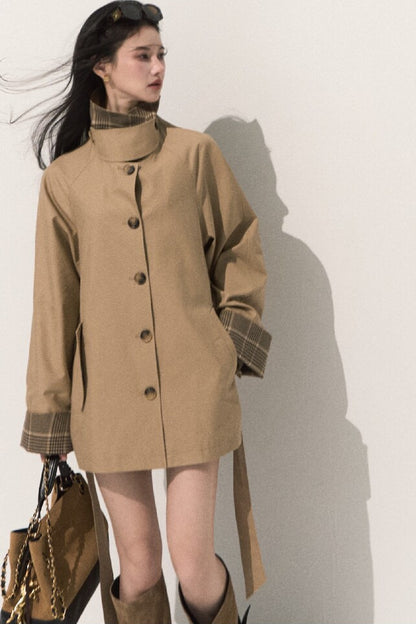 Trench-coat à carreaux à col montant