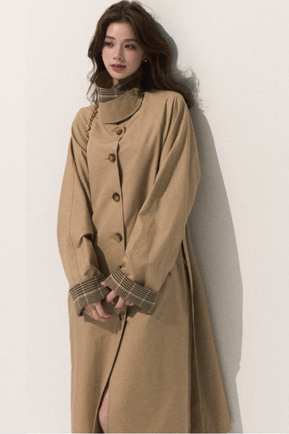Trench-coat à carreaux à col montant