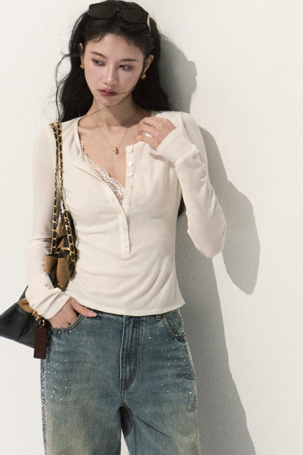 Lyocell Wool Lace Polo Knit Top