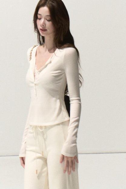 Lyocell Wool Lace Polo Knit Top