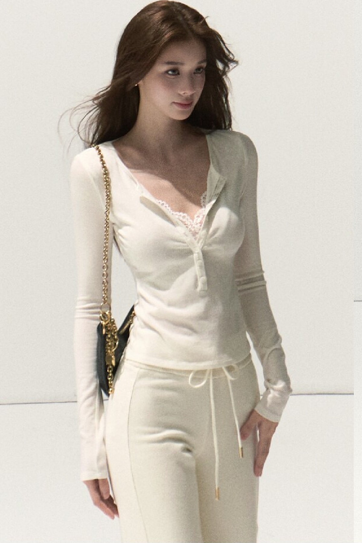 Lyocell Wool Lace Polo Knit Top