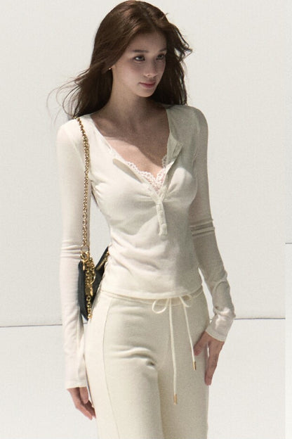Lyocell Wool Lace Polo Knit Top