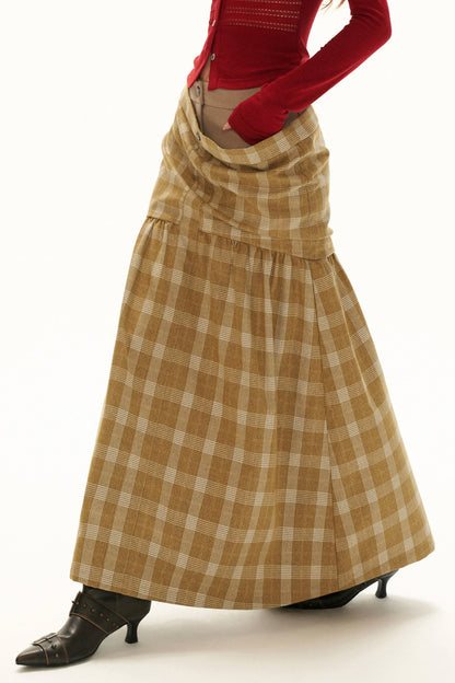 Plaid Drop-Waist Buttoned Long Skirt