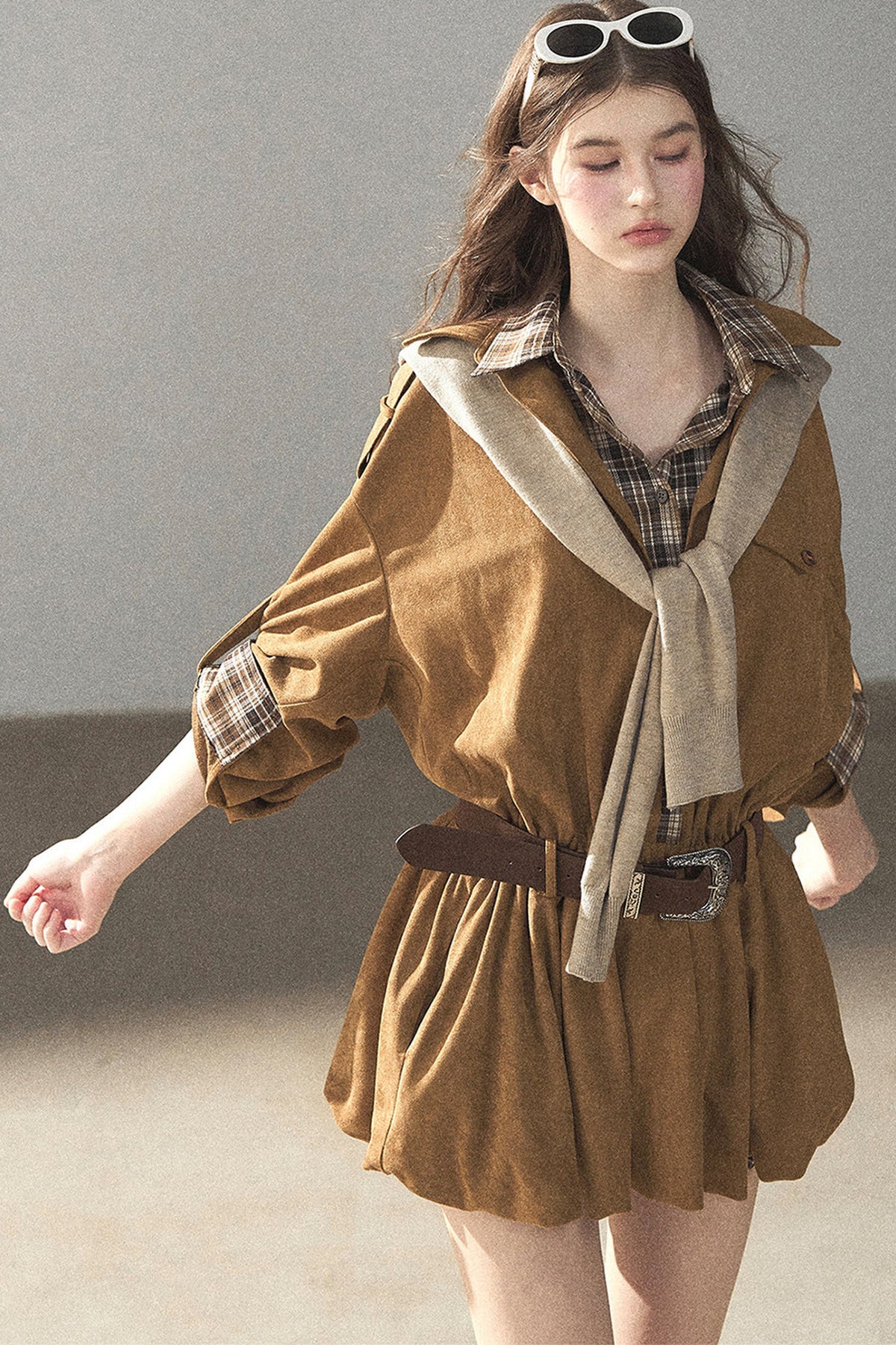 Plaid Shirt Layered-Look Dress Set
