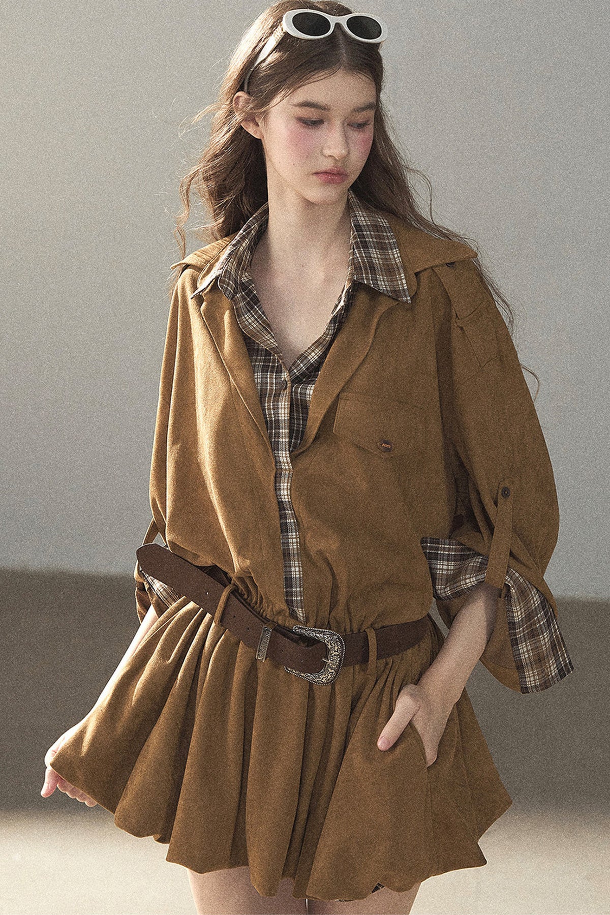 Plaid Shirt Layered-Look Dress Set
