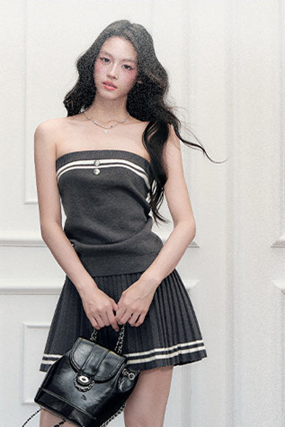 Striped Knitted Vest Short Skirt and Jacket Set-Up