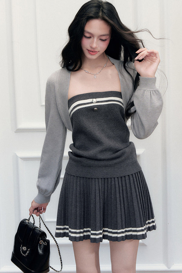 Striped Knitted Vest Short Skirt and Jacket Set-Up