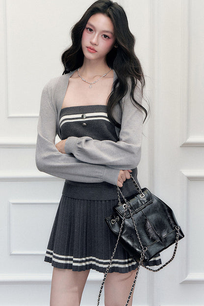 Striped Knitted Vest Short Skirt and Jacket Set-Up