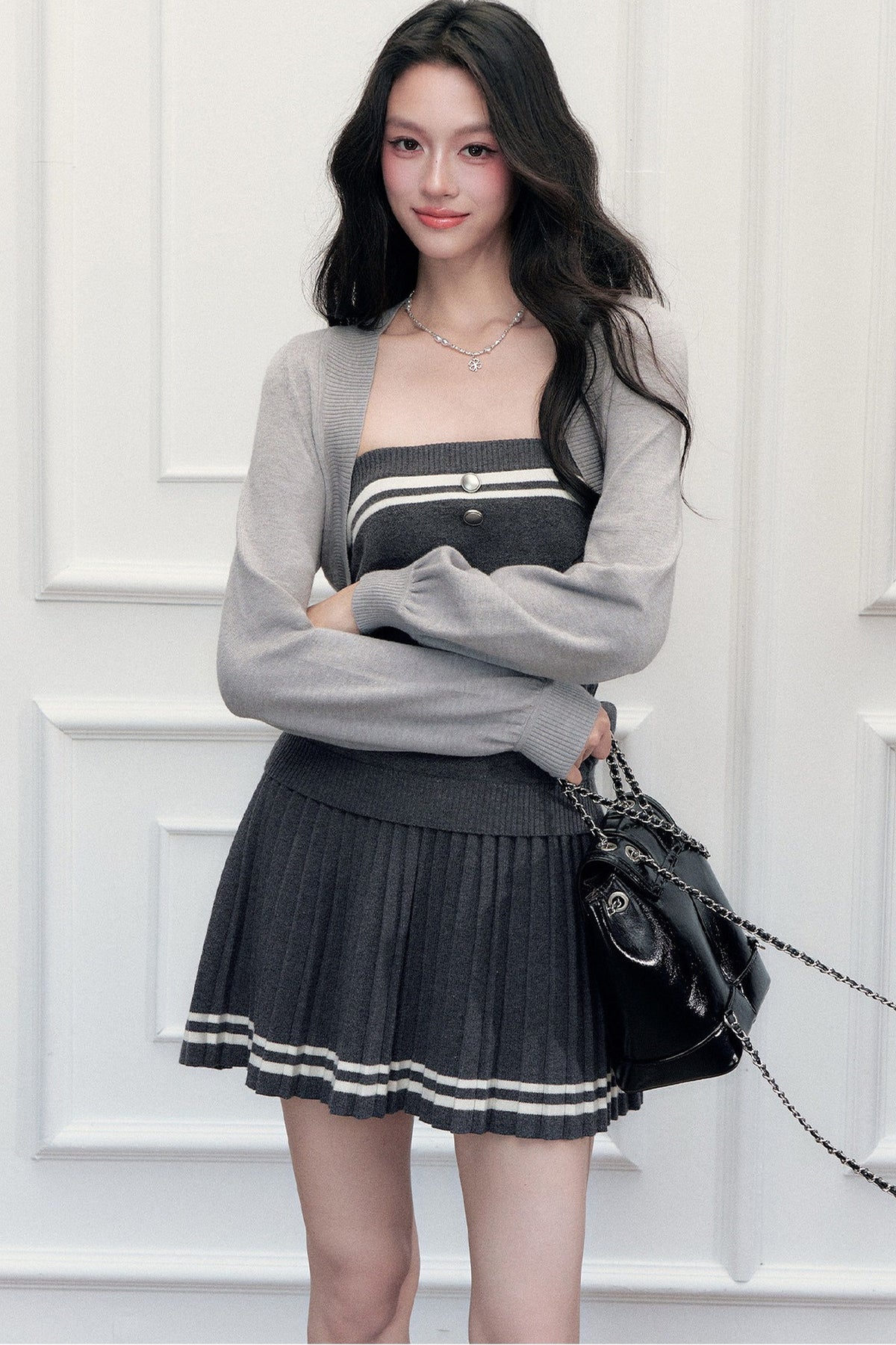 Striped Knitted Vest Short Skirt and Jacket Set-Up
