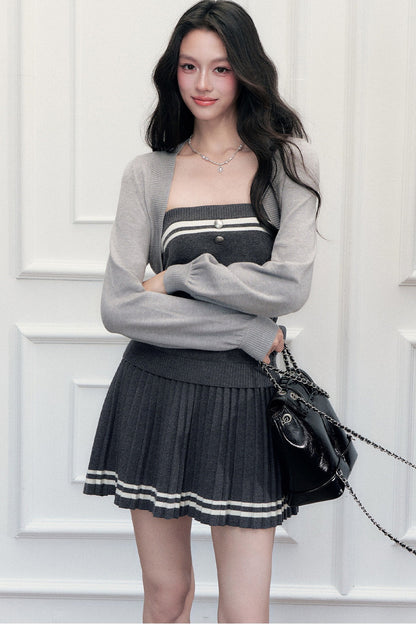 Striped Knitted Vest Short Skirt and Jacket Set-Up