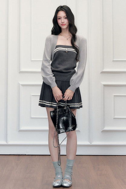 Striped Knitted Vest Short Skirt and Jacket Set-Up