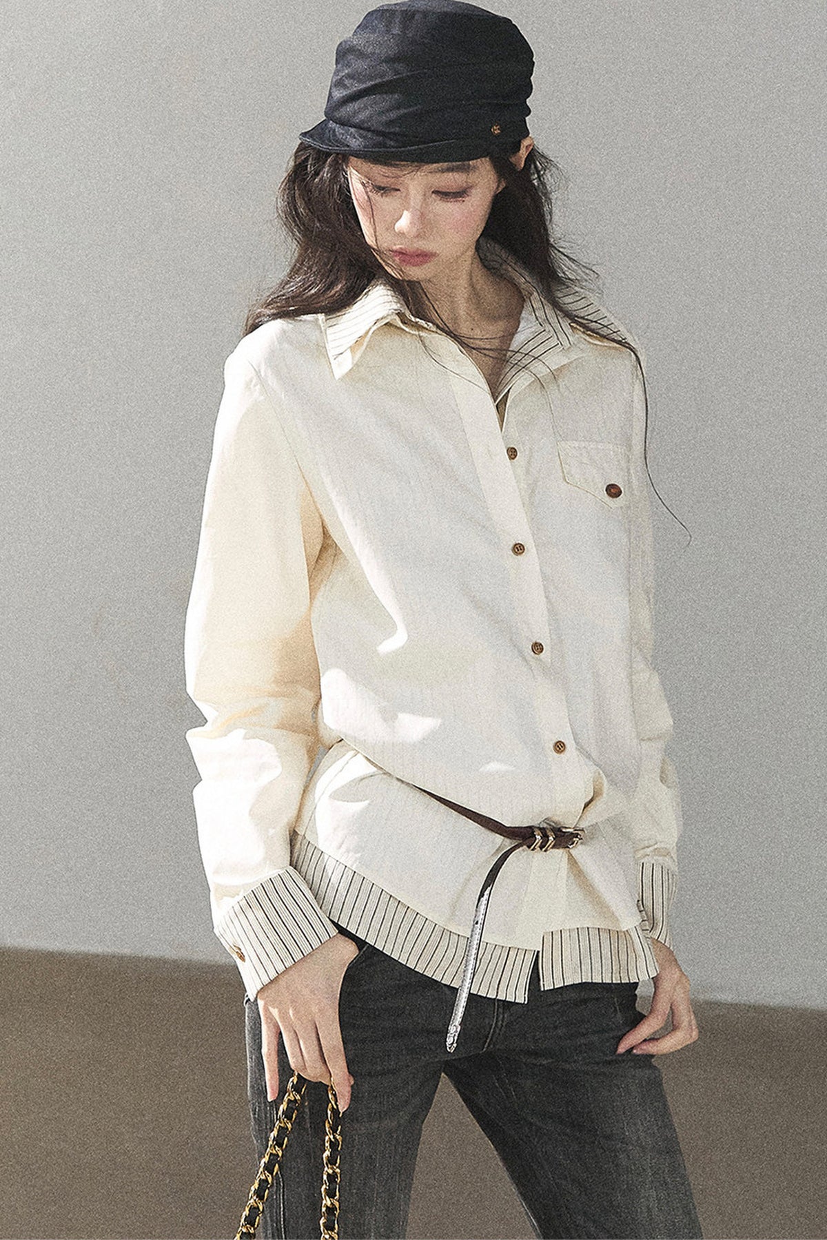 Creamy White Striped Layered-Look Shirt