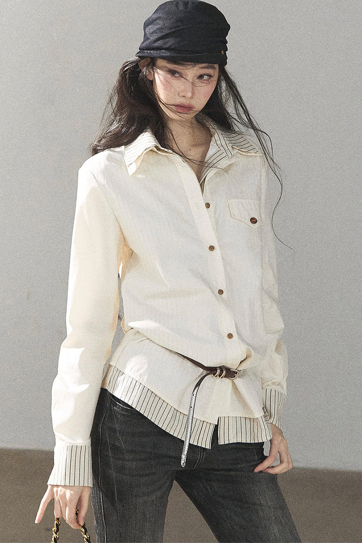 Creamy White Striped Layered-Look Shirt