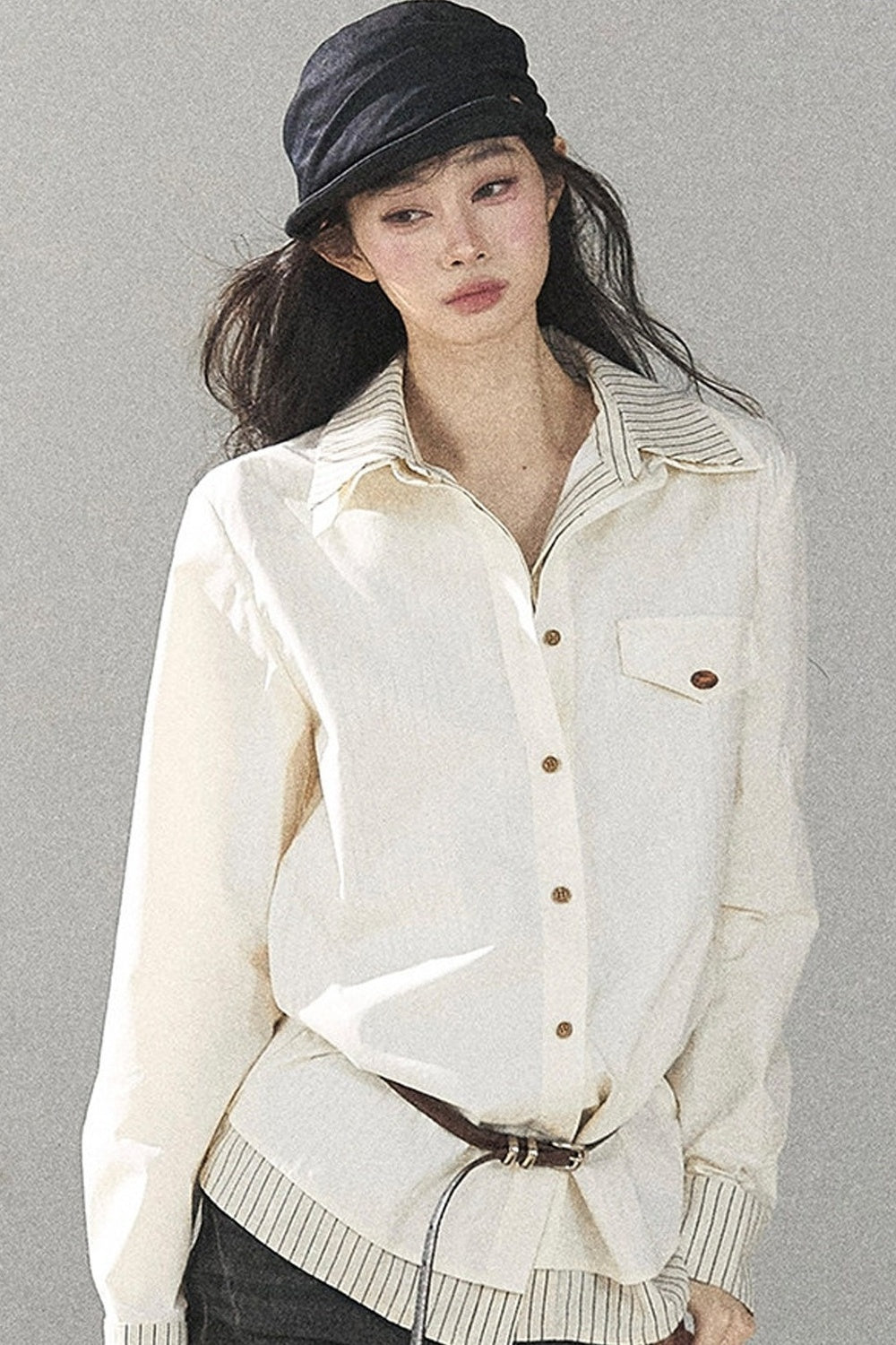 Creamy White Striped Layered-Look Shirt