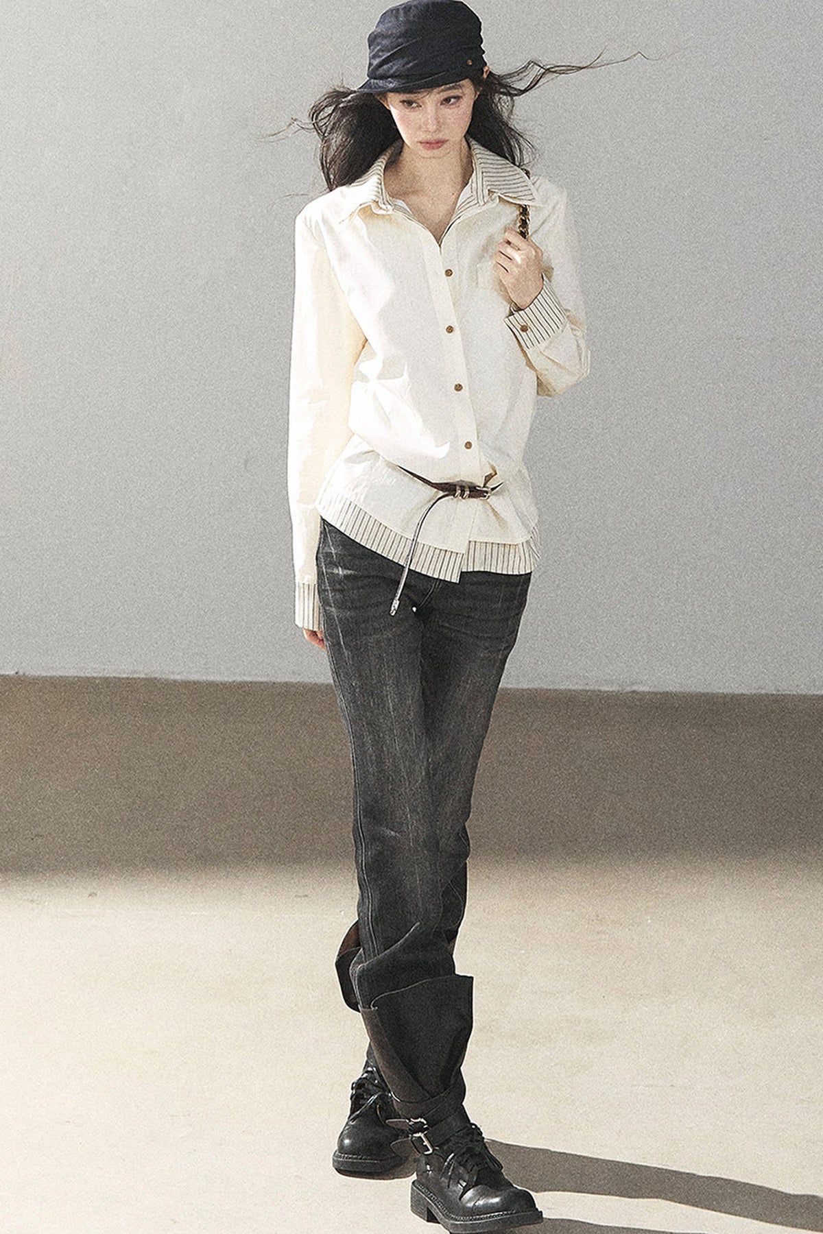Creamy White Striped Layered-Look Shirt