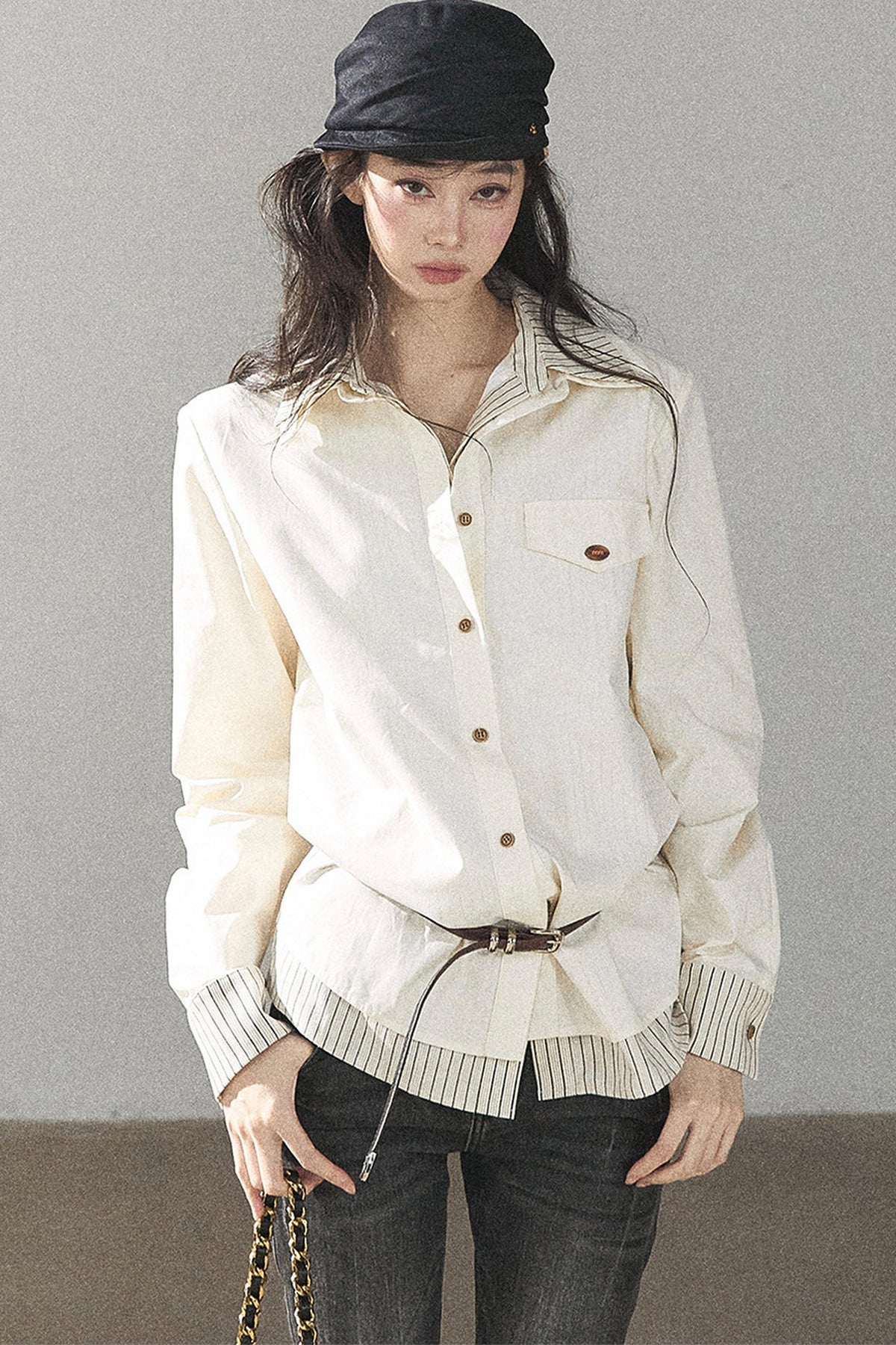 Creamy White Striped Layered-Look Shirt