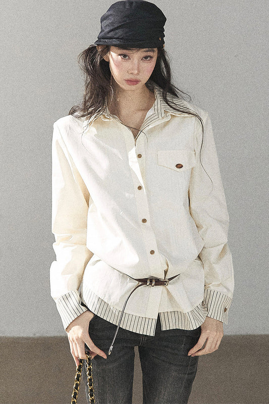 Creamy White Striped Layered-Look Shirt