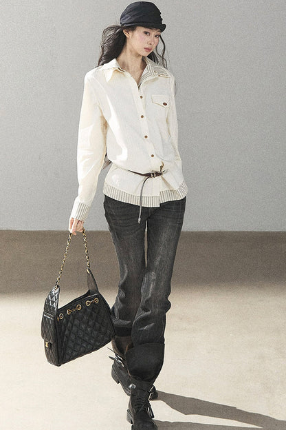 Creamy White Striped Layered-Look Shirt