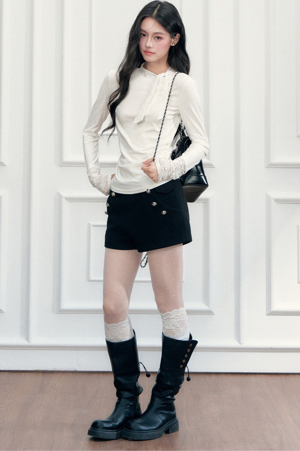 Lace-Up Ruched Long Sleeve T-Shirt