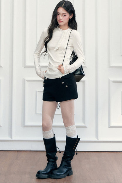Lace-Up Ruched Long Sleeve T-Shirt