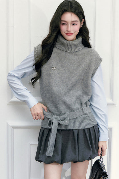High-Neck Sleeveless Tie-Up Knit Vest
