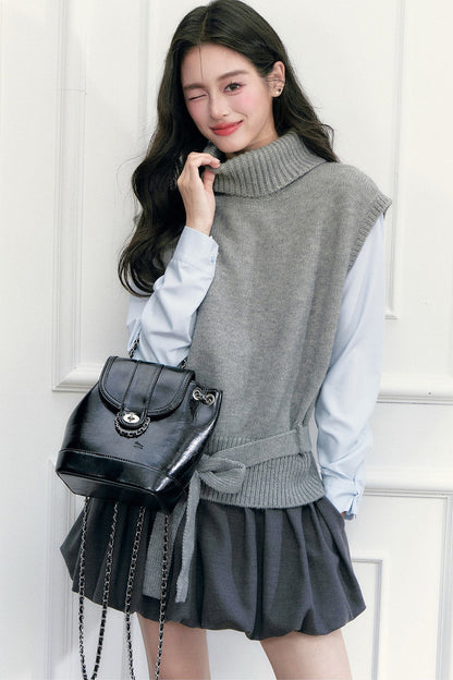 High-Neck Sleeveless Tie-Up Knit Vest