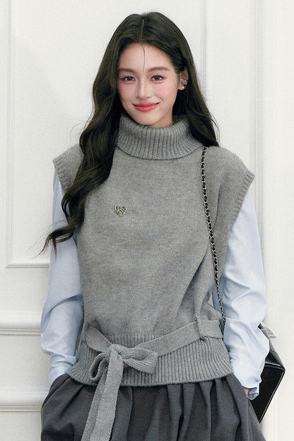 High-Neck Sleeveless Tie-Up Knit Vest