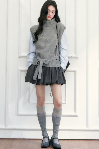High-Neck Sleeveless Tie-Up Knit Vest