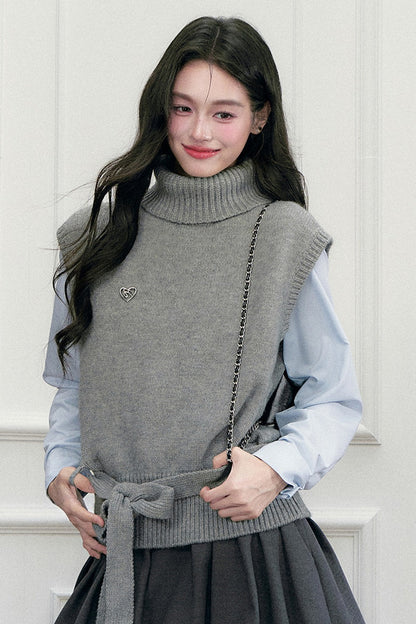 High-Neck Sleeveless Tie-Up Knit Vest
