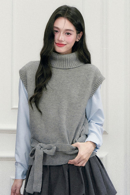High-Neck Sleeveless Tie-Up Knit Vest
