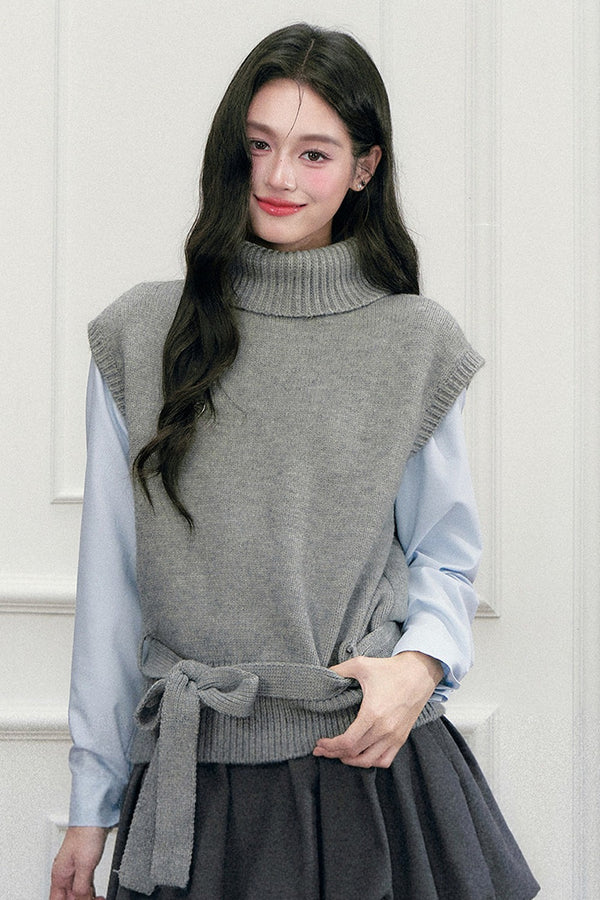 High-Neck Sleeveless Tie-Up Knit Vest