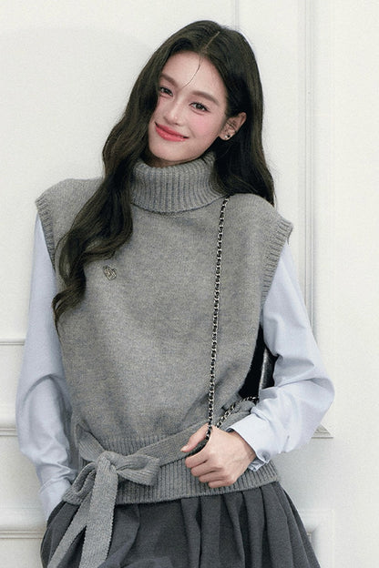High-Neck Sleeveless Tie-Up Knit Vest