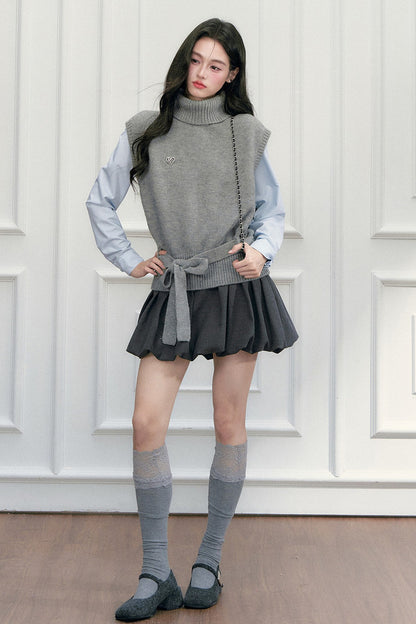 High-Neck Sleeveless Tie-Up Knit Vest
