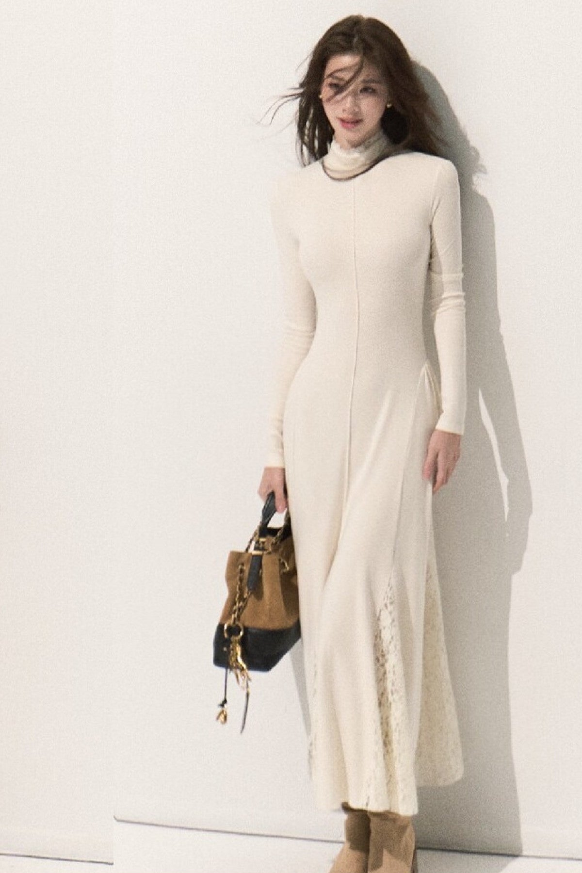 Long-Sleeve High-Neck Knit Dress