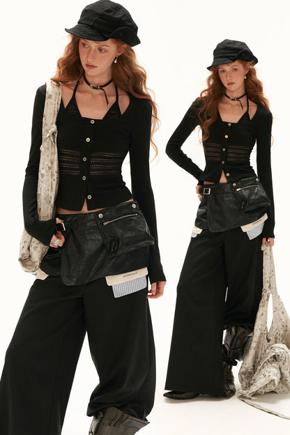 Long-Sleeve Halter Button Hollow-Out Cardigan
