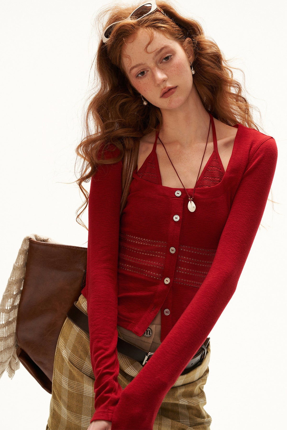 Long-Sleeve Halter Button Hollow-Out Cardigan