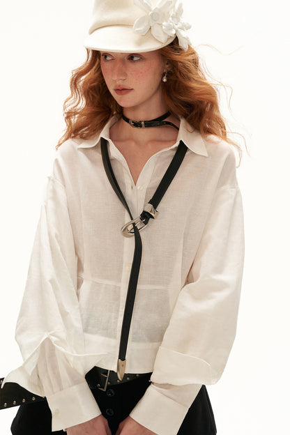 Cotton Linen Ruffle Sleeve Ruffle Hem Shirt