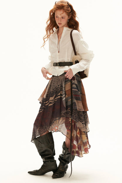 Cotton Linen Ruffle Sleeve Ruffle Hem Shirt