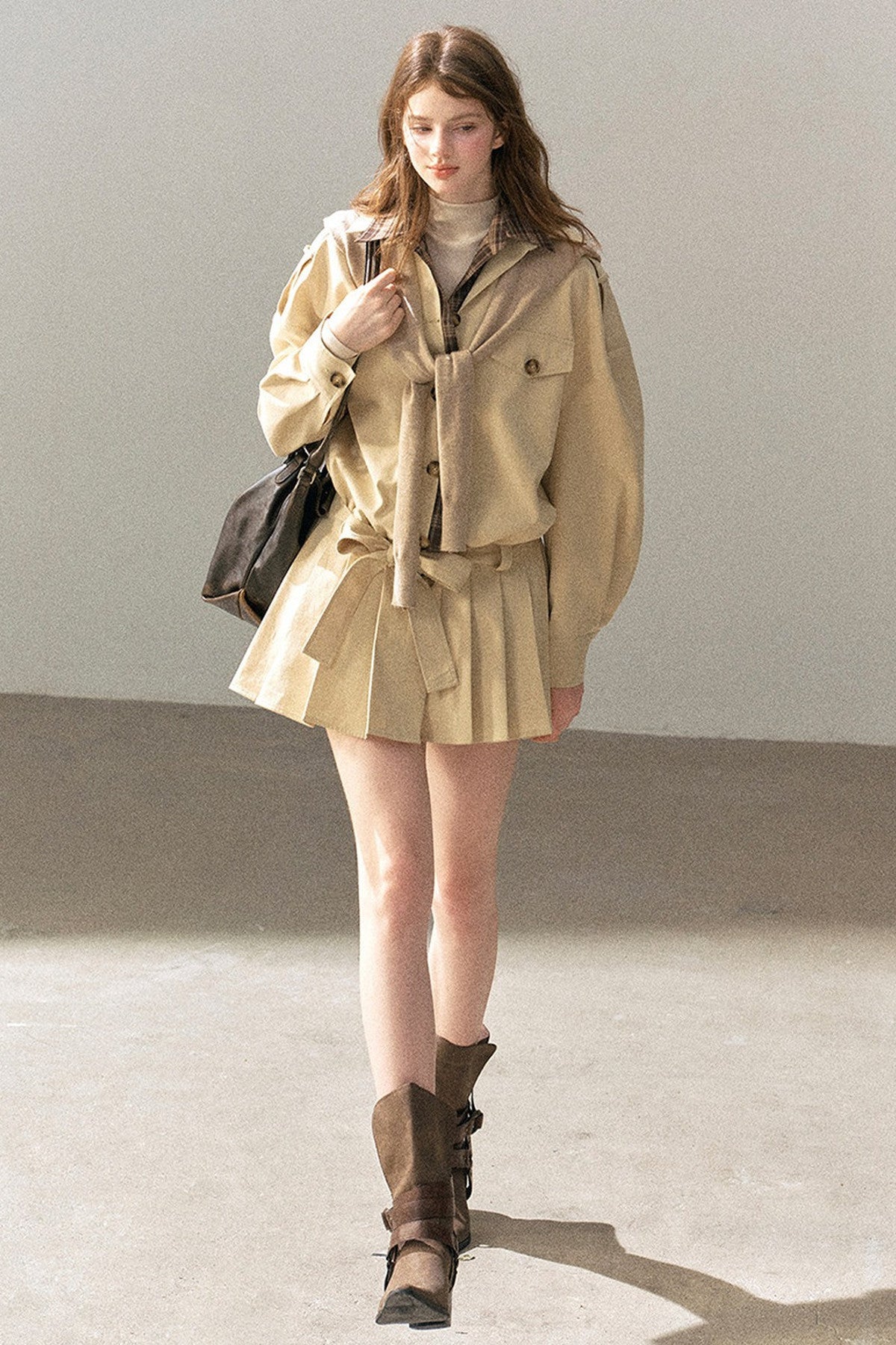 Plaid Collar Trench Coat With Pleated Skirt Set-Up
