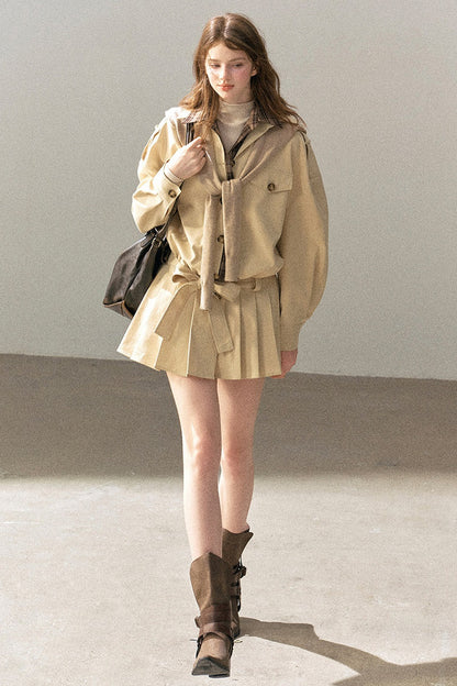 Plaid Collar Trench Coat With Pleated Skirt Set-Up