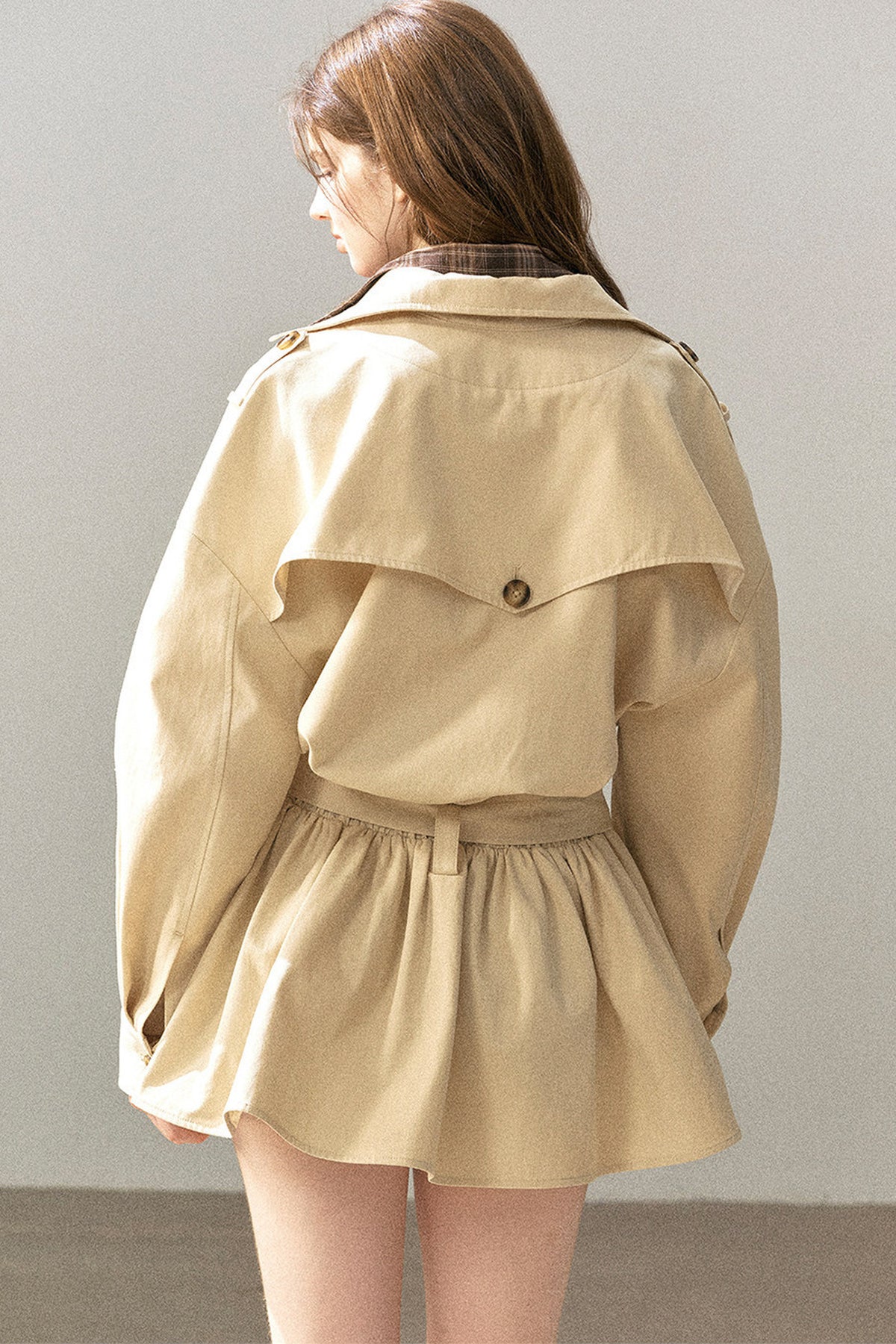Plaid Collar Trench Coat With Pleated Skirt Set-Up