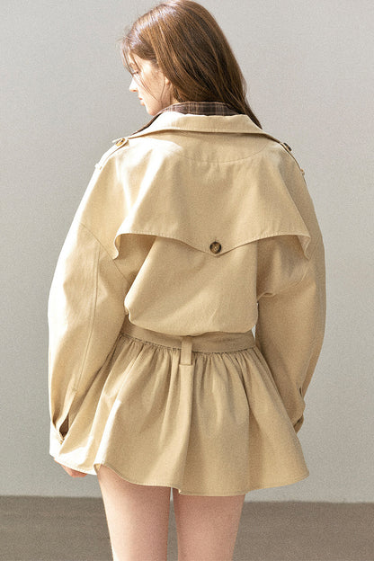 Plaid Collar Trench Coat With Pleated Skirt Set-Up