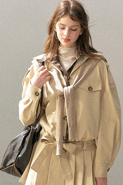 Plaid Collar Trench Coat With Pleated Skirt Set-Up
