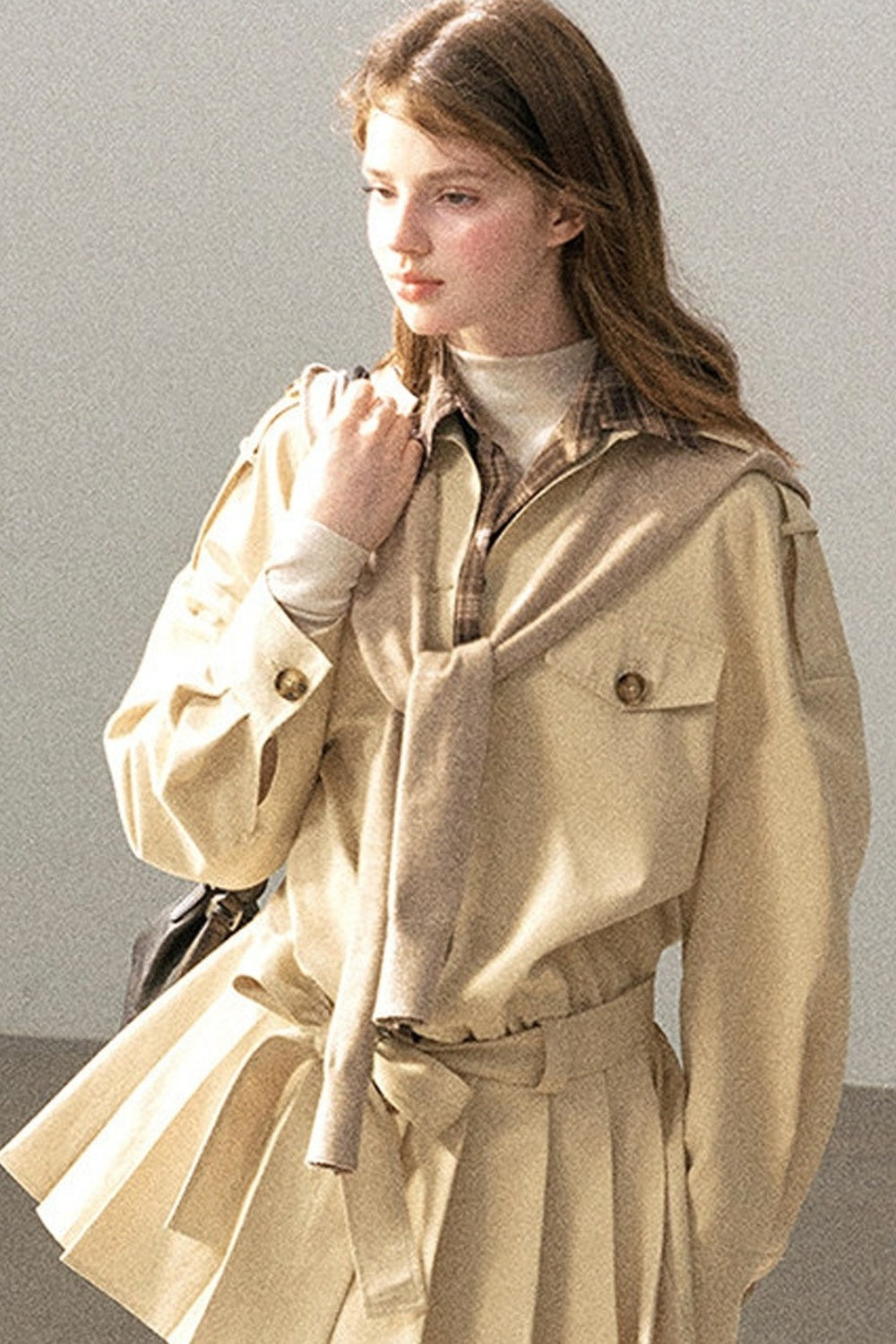 Plaid Collar Trench Coat With Pleated Skirt Set-Up