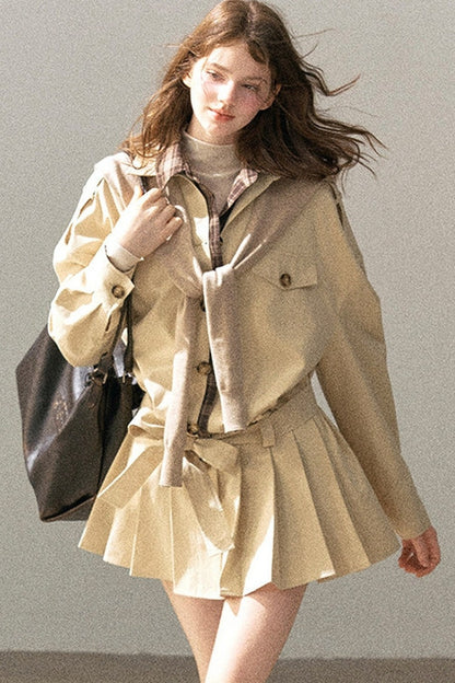 Plaid Collar Trench Coat With Pleated Skirt Set-Up