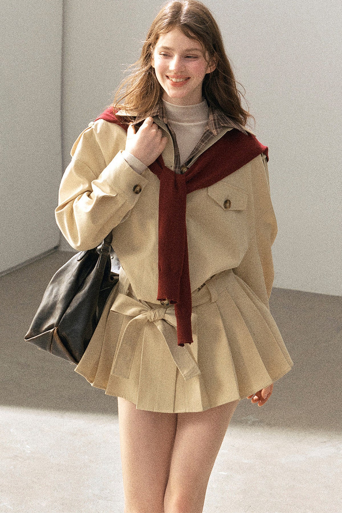 Plaid Collar Trench Coat With Pleated Skirt Set-Up
